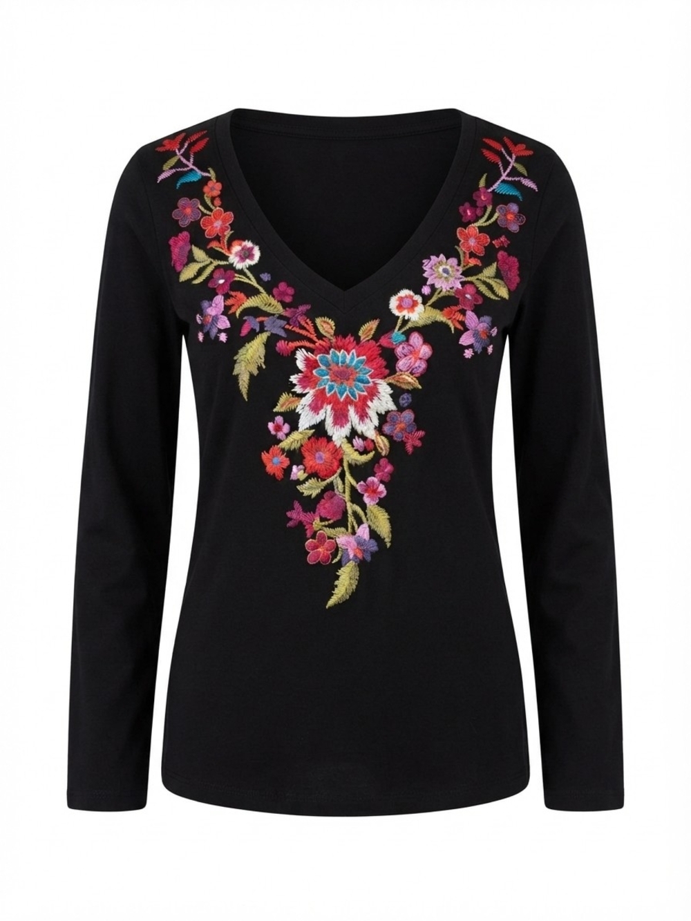 Johnny Was JW Los Angeles Black Embroidered Floral V-Neck Top M EUC